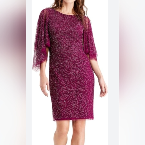 NWT $$269 Adrianna Papell Fully Beaded Cocktail Dress with Flutter Sleeves - Picture 3 of 12